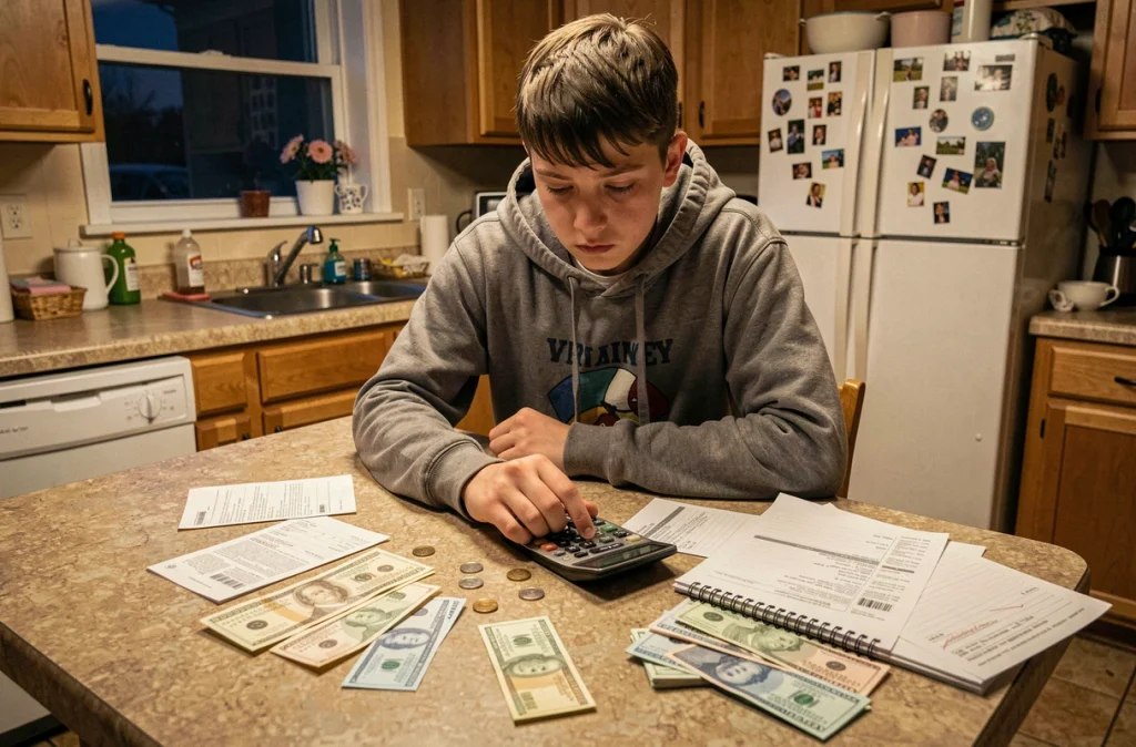 Adolescent de 16 ans à la maison calculant son budget mensuel avec des factures et pièces de monnaie étalées sur la table de cuisine