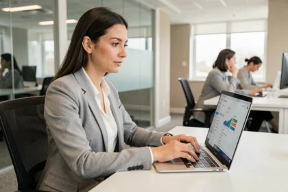 Femme professionnelle ajoutant un nouvel utilisateur sur une interface de gestion de compte en ligne depuis son bureau