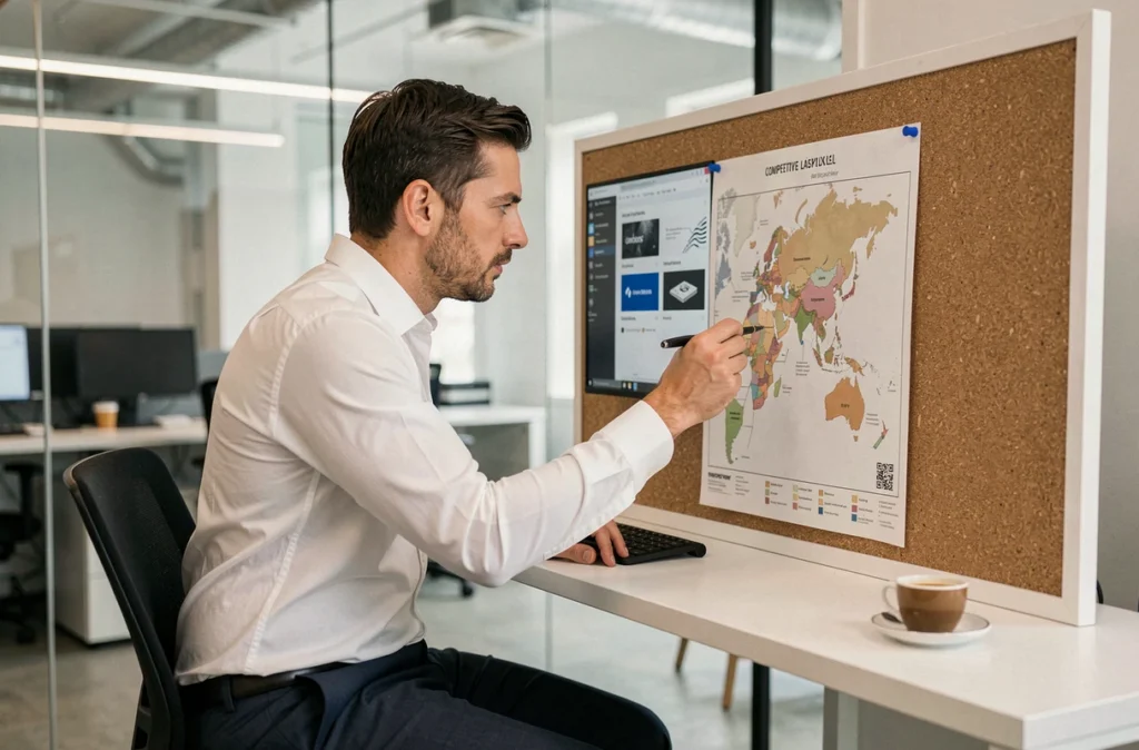 Manager B2B analysant seul une carte concurrentielle pour construire un univers de marque différenciant