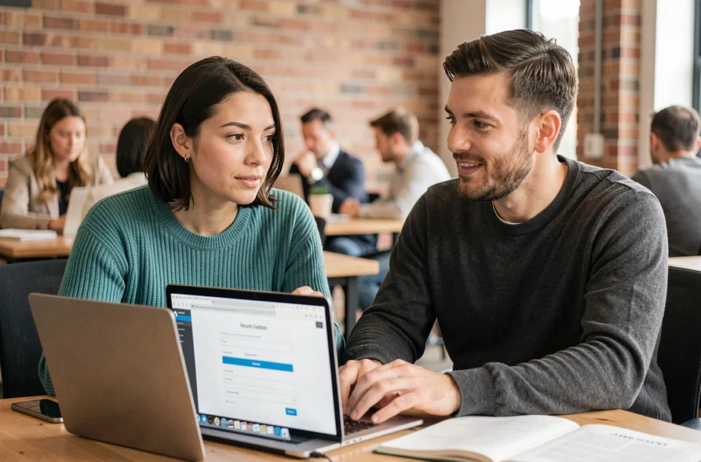 Deux collègues collaborant pour ajouter un nouvel utilisateur sur une interface de compte en ligne dans un espace de coworking moderne