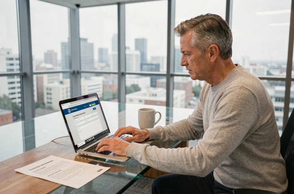 Homme corrigeant une déclaration URSSAF en ligne sur un portail administratif depuis un bureau professionnel