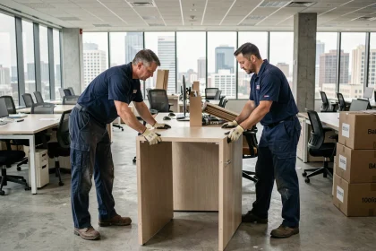 Deux déménageurs professionnels démontant du mobilier de bureau lors d'un débarras d'entreprise dans un grand open space