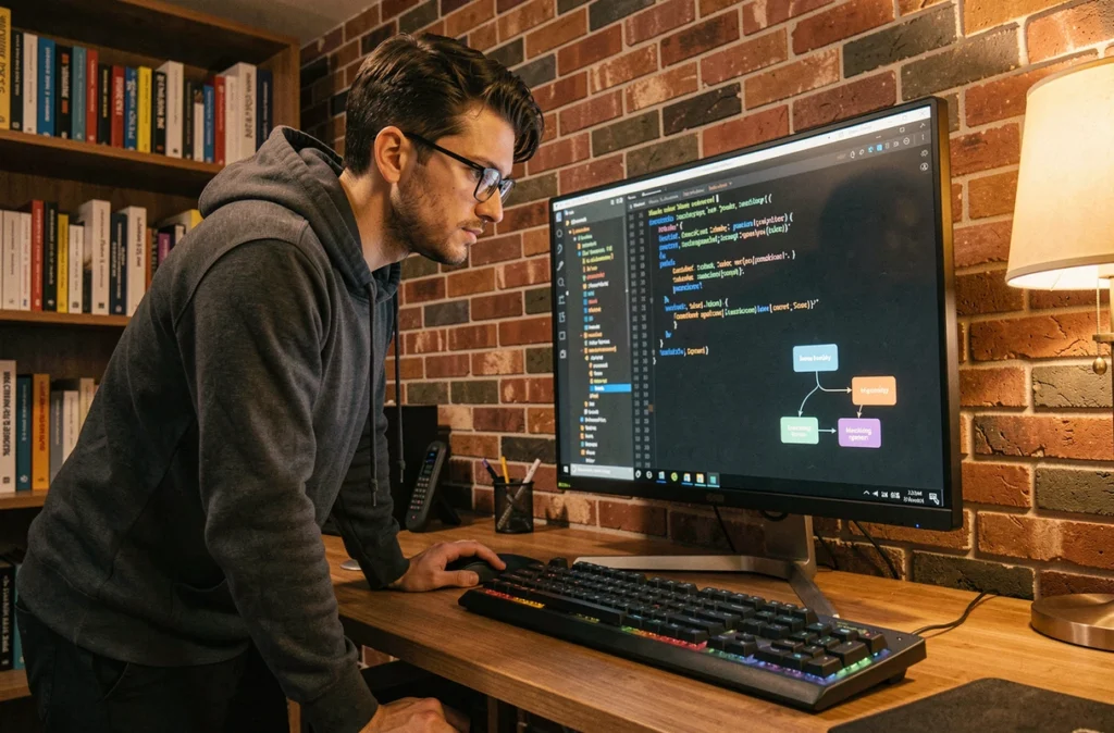 Développeur configurant une intégration API entre messagerie et CRM depuis son bureau à domicile