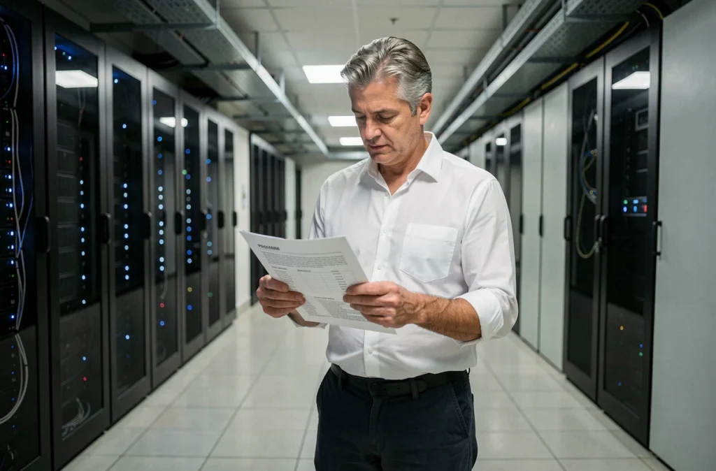 Cadre dirigeant consultant un document de processus organisationnel dans une salle de serveurs, illustrant le lien entre infrastructure IT et transformation des rôles en entreprise