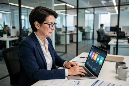 DRH femme analysant des données sécurisées sur un logiciel RH dans un bureau moderne