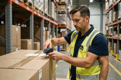 Employé de Kuehne Nagel scannant des colis dans un entrepôt logistique lors d'un shift du matin