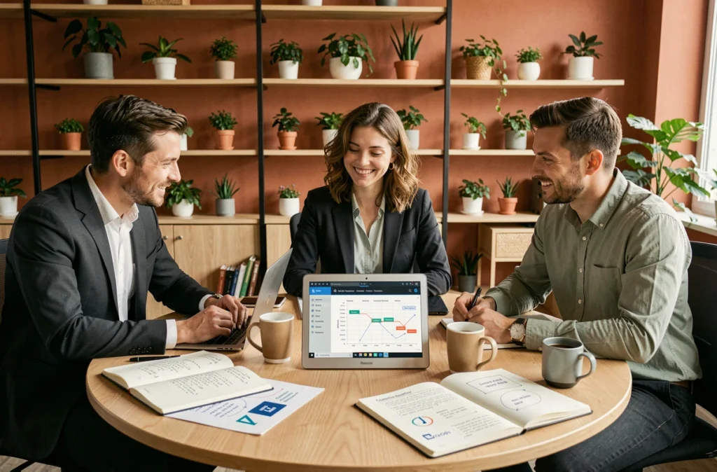 Équipe B2B en réunion de travail collaboratif autour d'une stratégie de positionnement différenciant