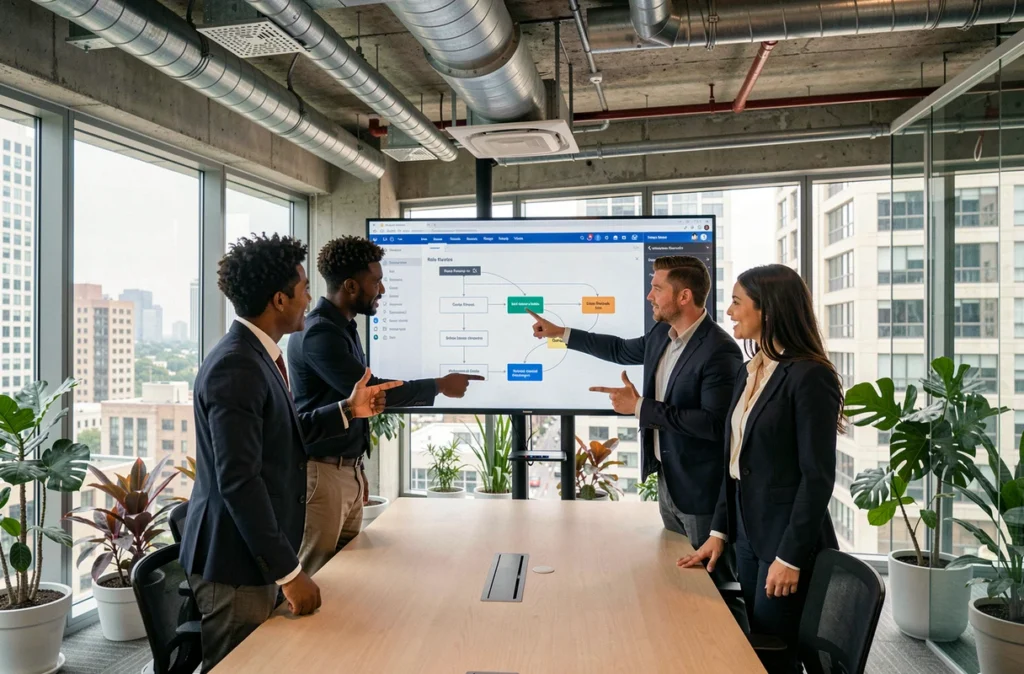 Équipe professionnelle diversifiée collaborant autour d'un écran tactile affichant des diagrammes de rôles et de processus digitaux lors d'une réunion en entreprise