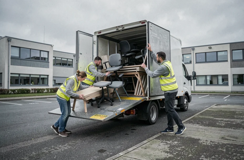 Équipe logistique chargeant du mobilier de bureau dans un camion lors d'une opération de débarras d'entreprise