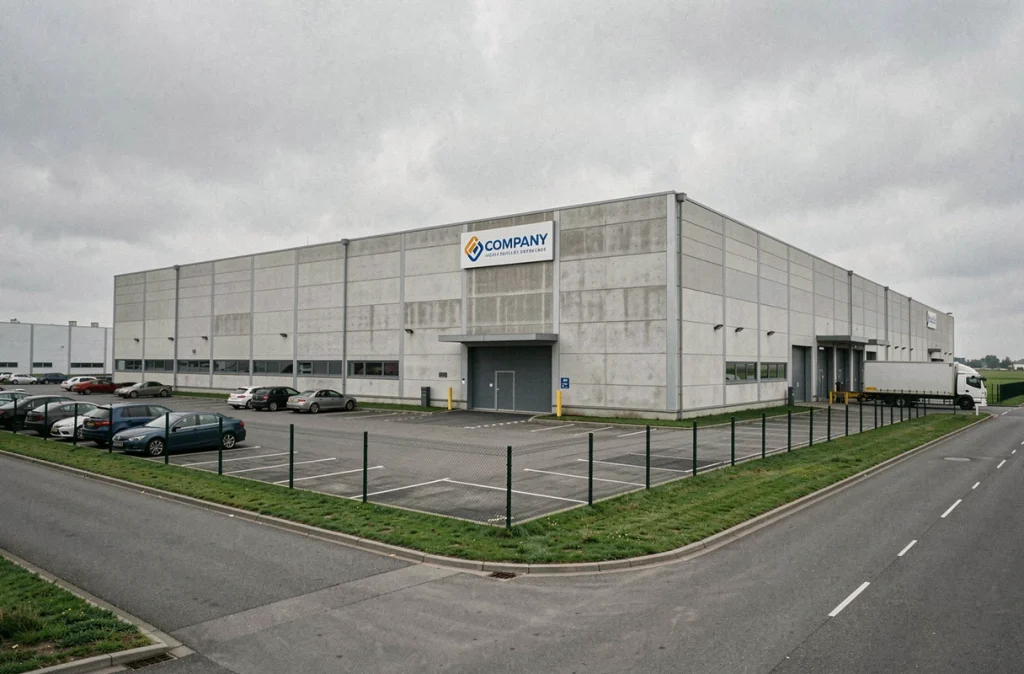Façade extérieure d'une grande usine industrielle de fabrication de jouets en Allemagne sous un ciel nuageux