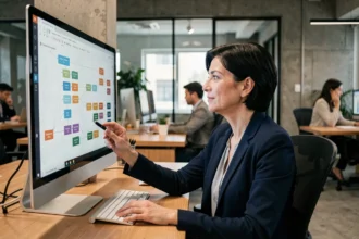 Femme cadre en entreprise analysant un organigramme numérique sur écran dans un open-space moderne, symbolisant la transformation digitale et la gestion des rôles professionnels