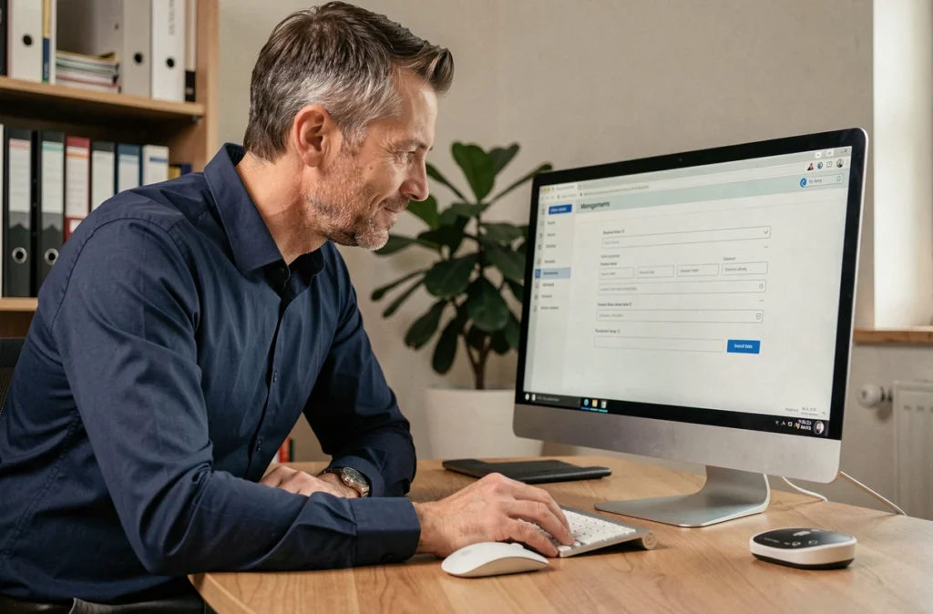 Homme consultant un tableau de bord de gestion des utilisateurs sur un écran d'ordinateur de bureau dans un bureau professionnel