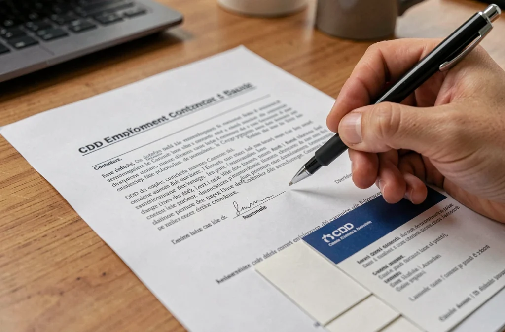 Gros plan sur un contrat CDD avec stylo prêt à signer, détails juridiques visibles sur le document