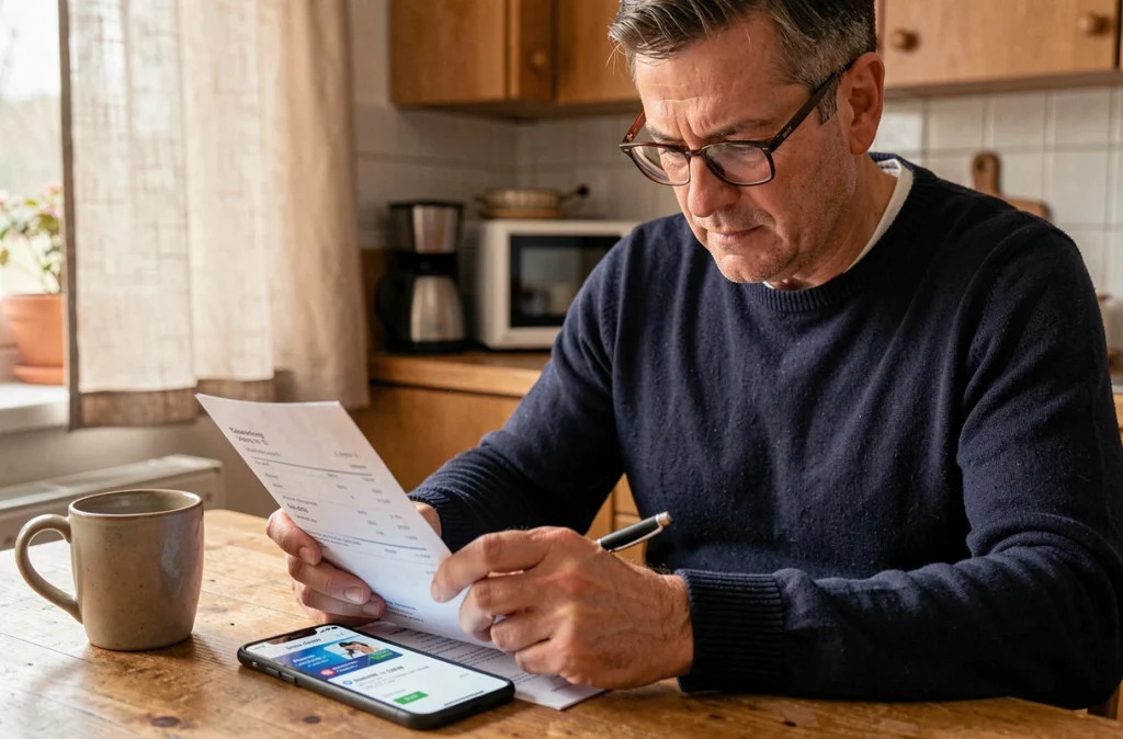 Homme à domicile vérifiant une facture acquittée avec confirmation bancaire sur smartphone, gestion des remboursements et garanties