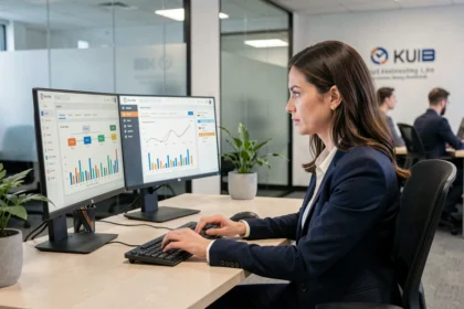Professionnelle intégrant un outil CRM sur double écran dans un bureau open-space moderne