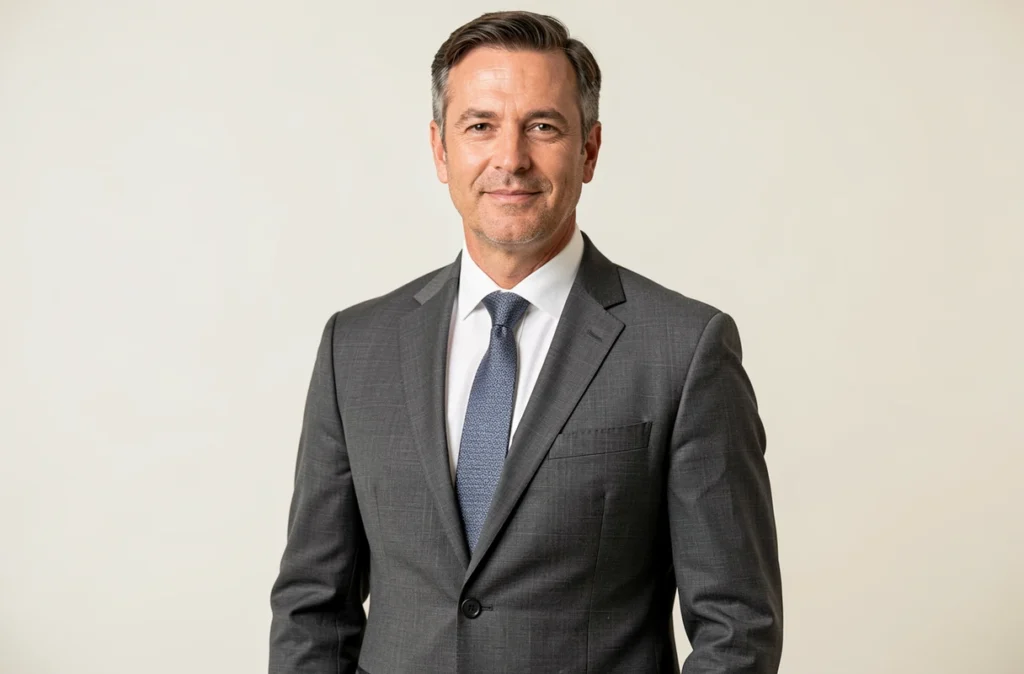 Homme en costume gris posant pour une photo professionnelle de CV fond blanc studio