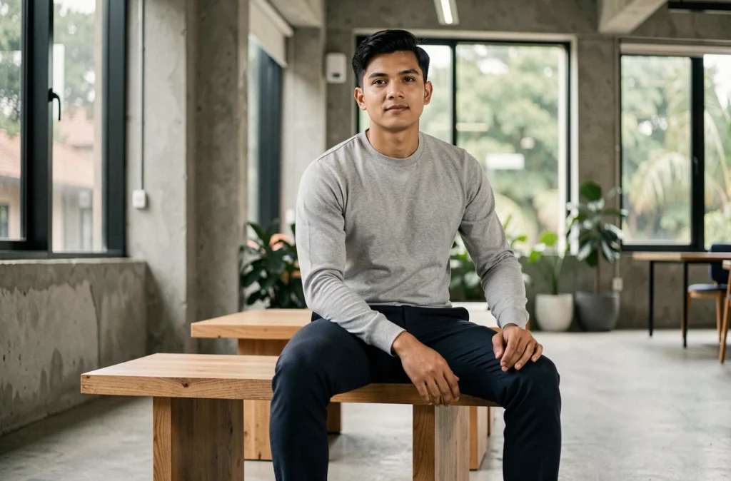 Jeune professionnel décontracté assis dans un espace coworking pour photo CV moderne