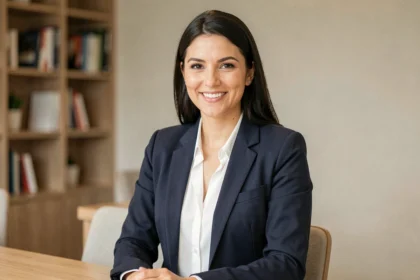 Femme professionnelle souriante en veste marine pour une photo de CV en entreprise