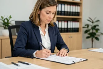 Femme professionnelle signant un contrat de travail à durée déterminée dans un bureau moderne
