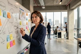Directrice marketing B2B élaborant une stratégie de différenciation sur un tableau blanc dans un bureau moderne