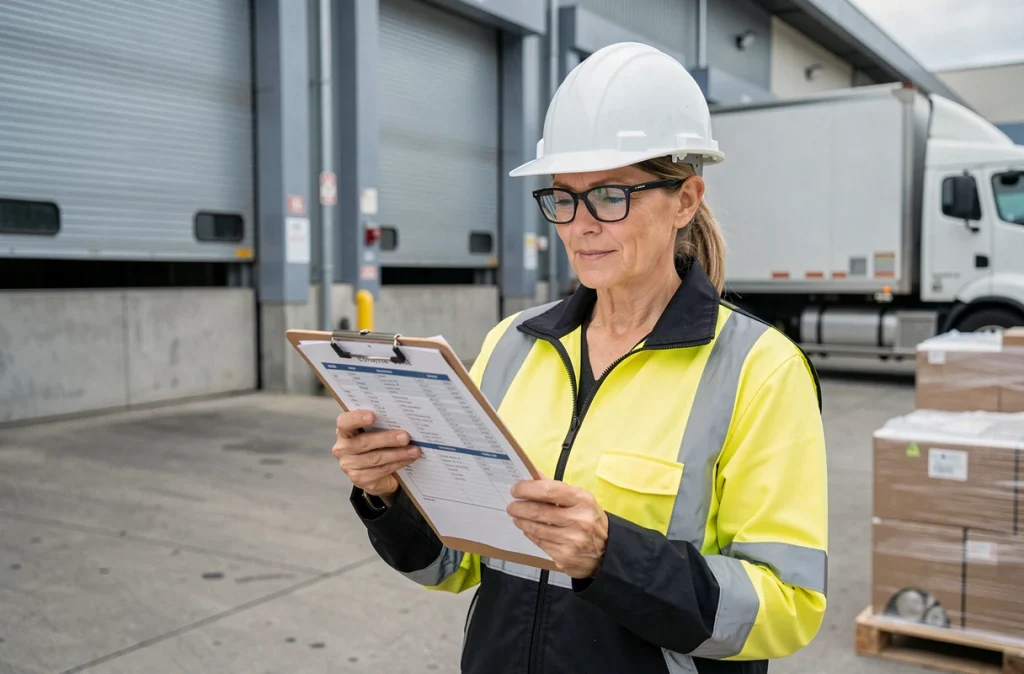 Superviseure logistique Kuehne Nagel consultant un planning de shifts à quai de chargement