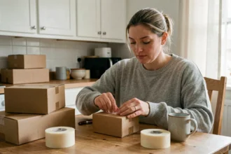 Femme travaillant à domicile en emballant des cartons sur une table de cuisine, activité de conditionnement à domicile Pôle emploi