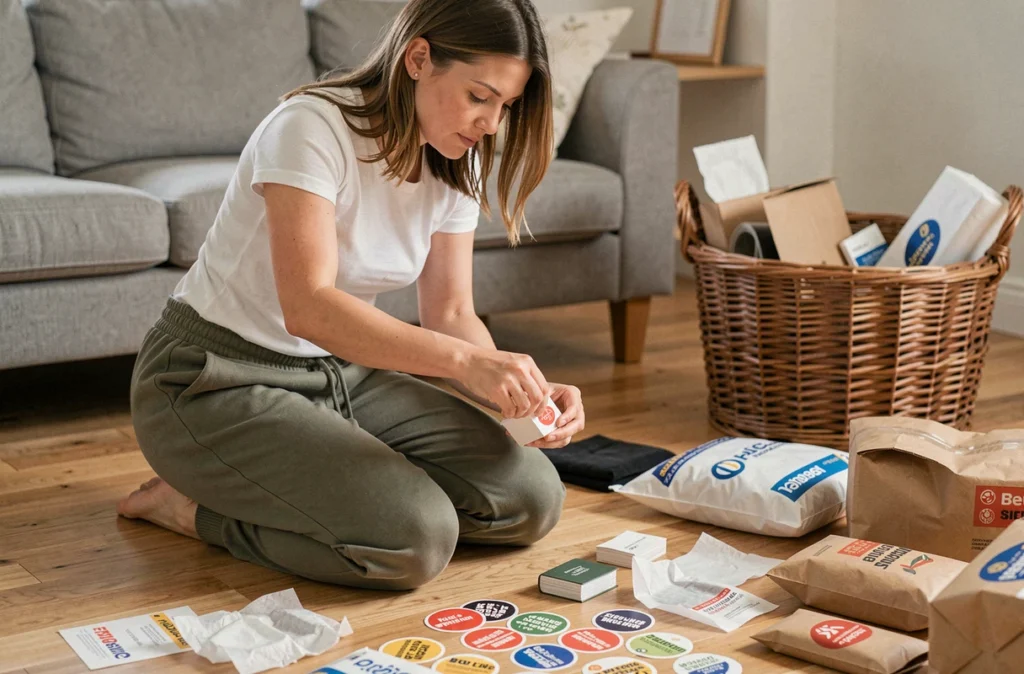 Jeune femme préparant des colis sur le sol de son salon, développement d'une activité d'emballage à domicile en micro-entreprise