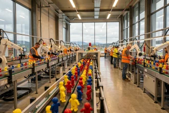 Ligne d'assemblage industrielle dans une usine de fabrication de jouets Playmobil avec figurines colorées sur convoyeur