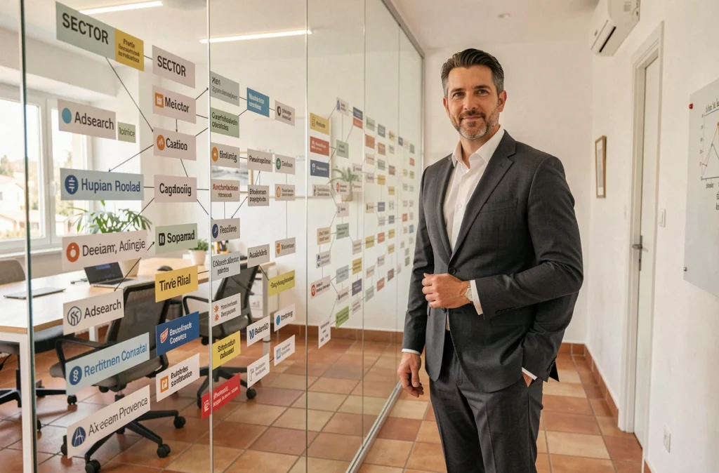 Consultant Adsearch présentant une stratégie multi-sectorielle de recrutement dans un bureau moderne à Aix-en-Provence