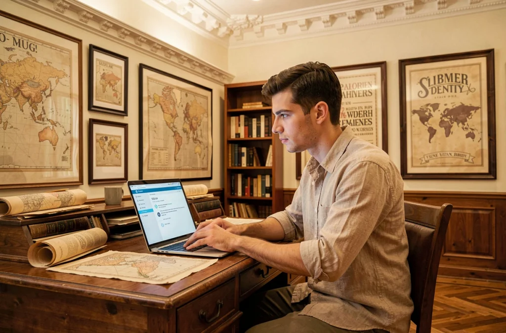 Créatif de l'agence 1789.fr travaillant sur une stratégie de contenu SEO dans un bureau aux références patrimoniales avec des cartes historiques et du parquet
