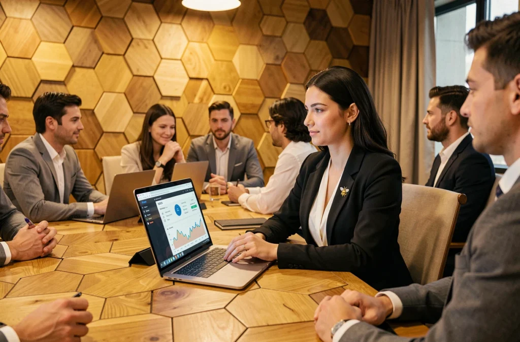 Cheffe de projet de l'agence Bee4 animant une réunion SEO autour d'une table aux motifs hexagonaux dans un bureau aux références d'abeille