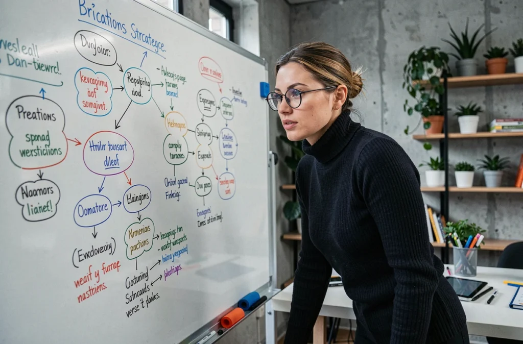 Stratège créative de l'agence Les Créavores annotant une carte mentale SEO sur un tableau blanc dans un studio moderne