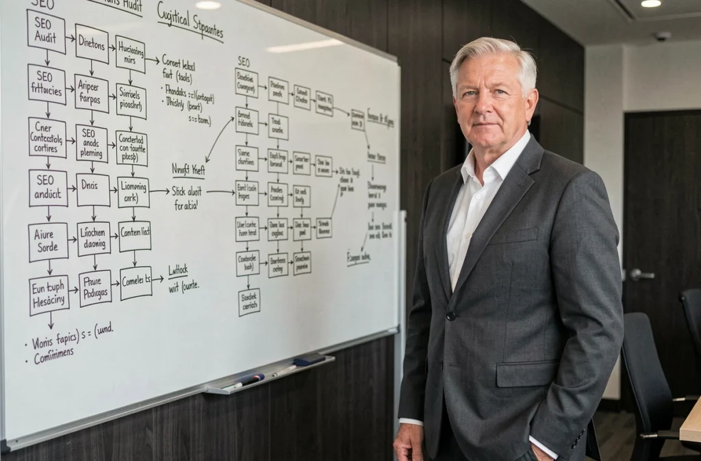 Stratège senior de l'agence Nobilito présentant un cadre d'audit SEO structuré sur un tableau blanc dans une salle de réunion élégante