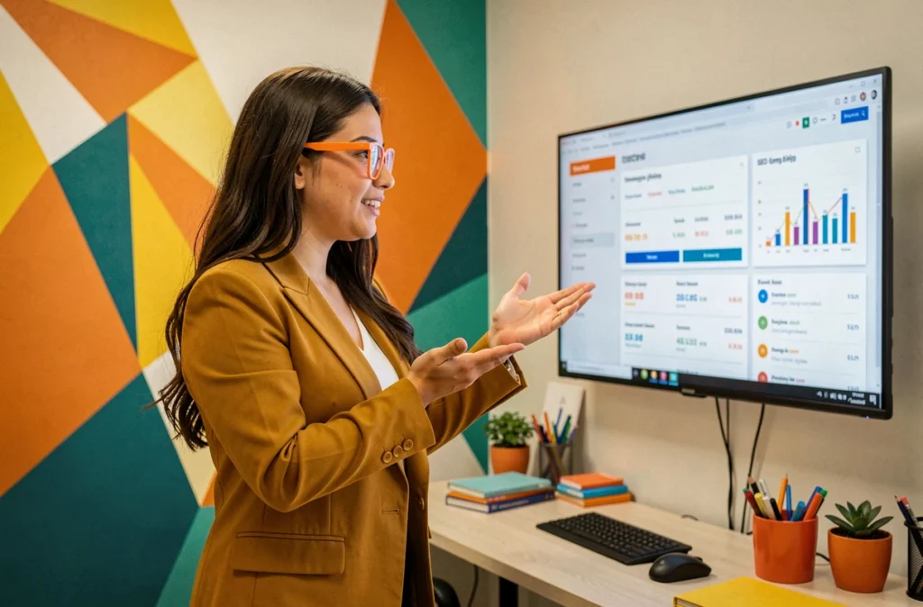 Cheffe de projet de l'agence Poush présentant avec enthousiasme des résultats SEO dans un bureau coloré aux murales géométriques