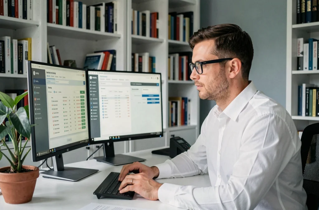 Spécialiste SEO de l'agence Referenceur.com analysant des rapports de positionnement sur double écran dans un bureau professionnel épuré