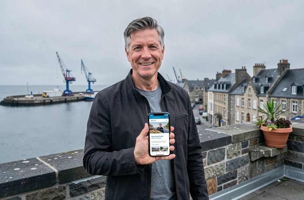 Chef de projet de l'Agence Web Brest sur une terrasse avec vue sur le port, présentant un site web finalisé