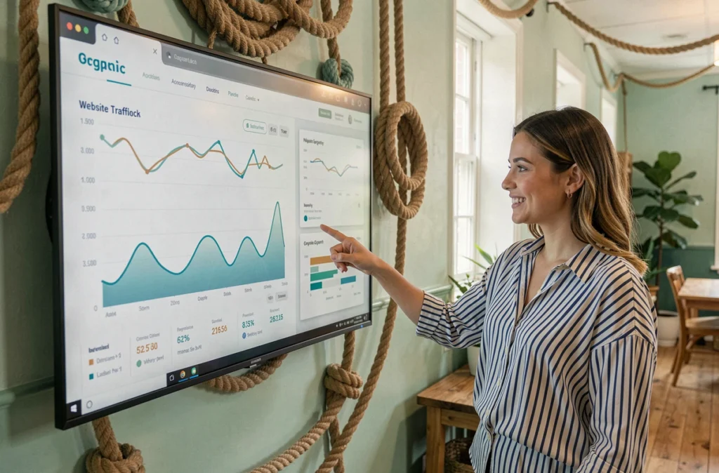 Chargée de projet de l'agence Webrivage présentant des résultats SEO sur un écran mural dans un bureau à l'identité maritime