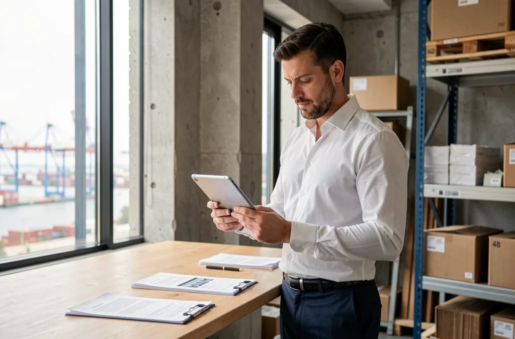 Consultant en recrutement spécialisé logistique et supply chain dans un bureau à Marseille avec vue sur le port