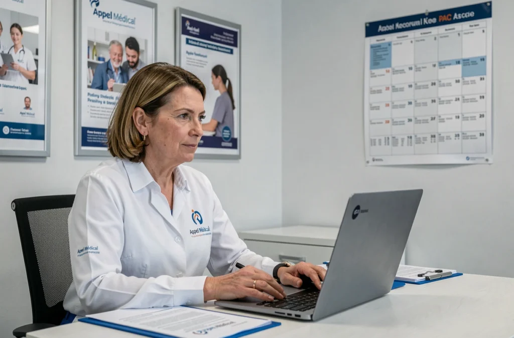 Spécialiste Appel Médical en entretien vidéo avec un candidat infirmier dans un bureau dédié au recrutement santé en PACA