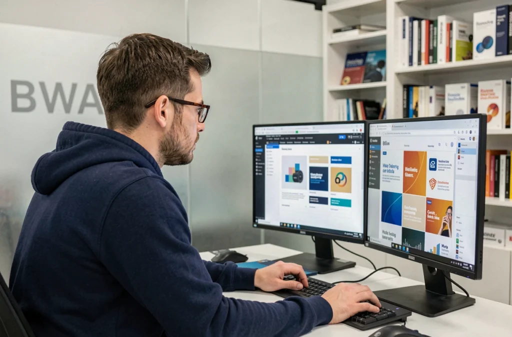 Développeur web de l'agence BWA à Dijon travaillant sur un projet de design de marque sur double écran