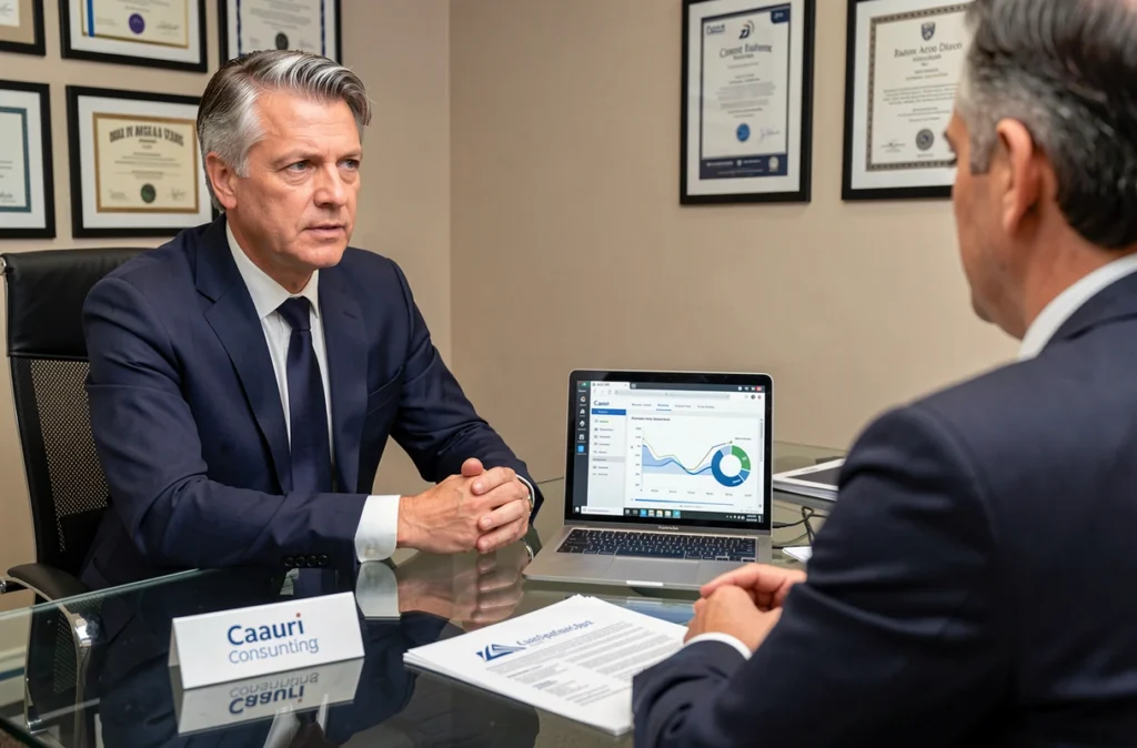 Consultant de Caauri Consulting à Dijon en session de conseil stratégique avec un client autour d'un bureau en verre