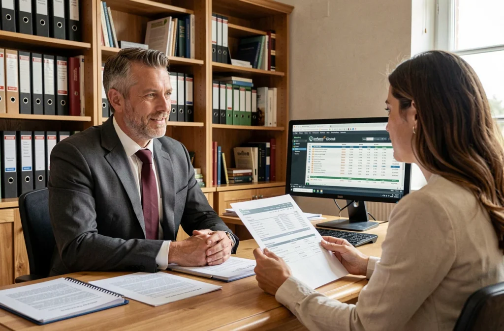 Conseiller de Cerfrance Gironde en consultation avec un client agriculteur dans un bureau professionnel et accueillant