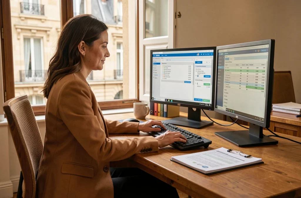 Experte-comptable du cabinet Cogep à Limoges travaillant sur des logiciels de gestion et de paie dans un bureau chaleureux