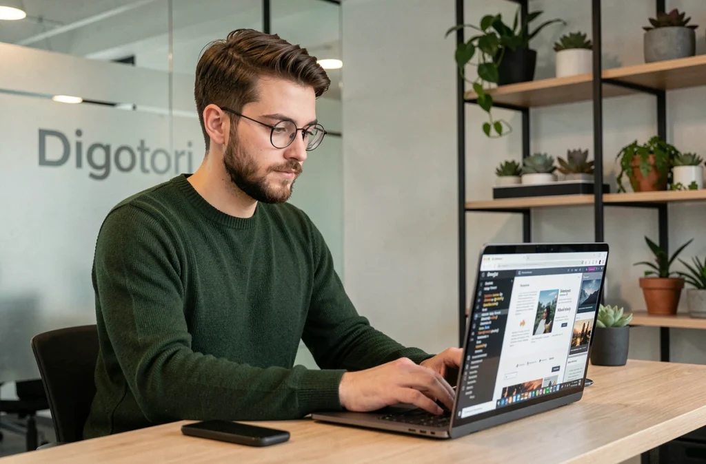 Développeur de l'agence Digitori à Dijon concentré sur le codage d'une interface web responsive