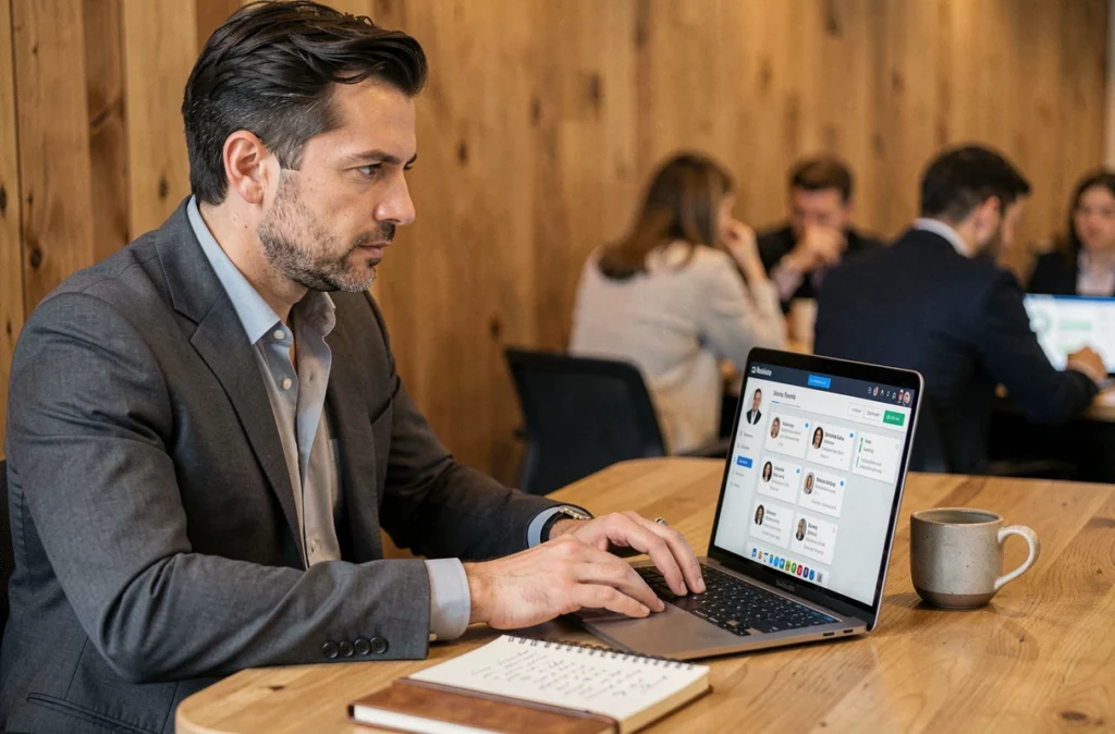 Entrepreneur utilisant une plateforme B2B de mise en réseau sur son ordinateur portable dans un espace de co-working