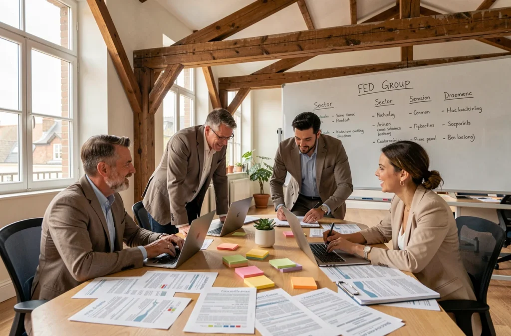 Équipe multi-spécialiste du Fed Group réunie autour d'une table de travail dans un bureau moderne de la région Sud