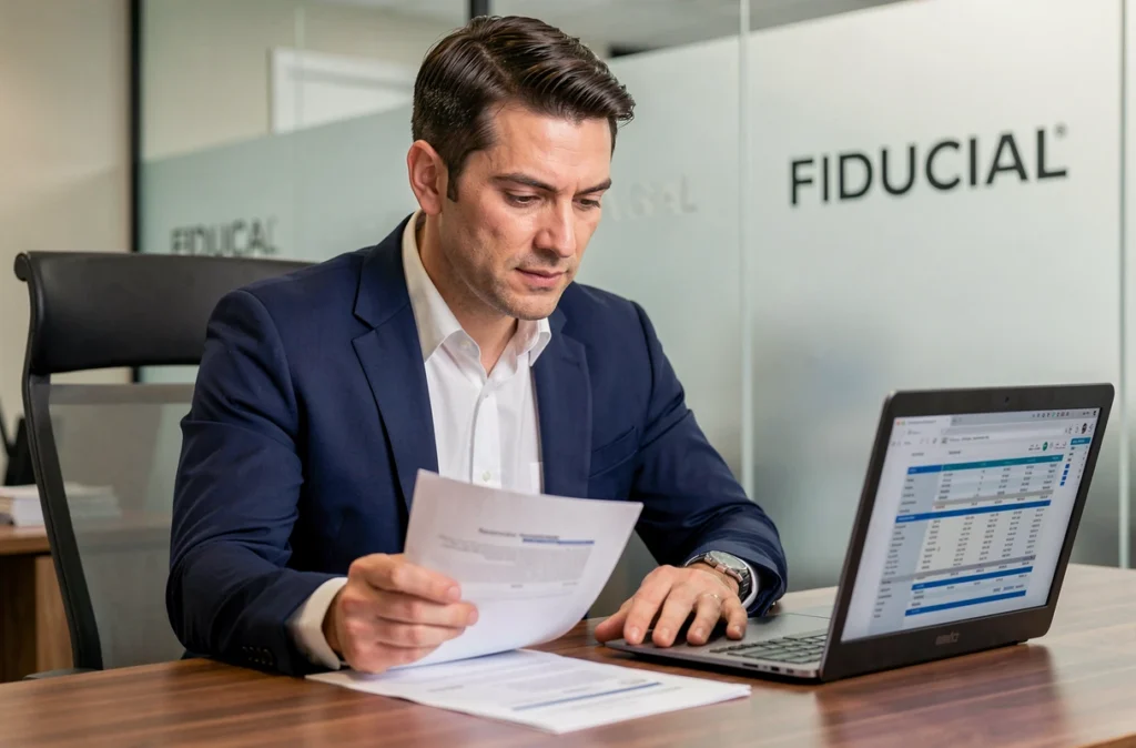 Expert-comptable de FIDUCIAL Expertise Pau consultant des documents financiers dans un bureau professionnel moderne