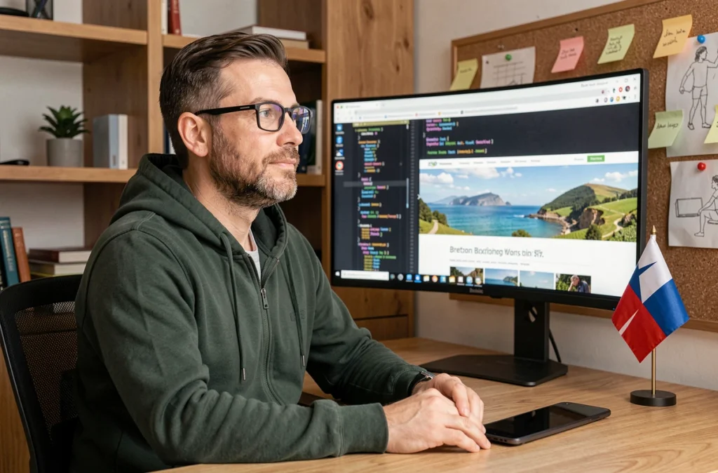Développeur de Finist'web travaillant sur un site web régional dans un studio aux accents bretons