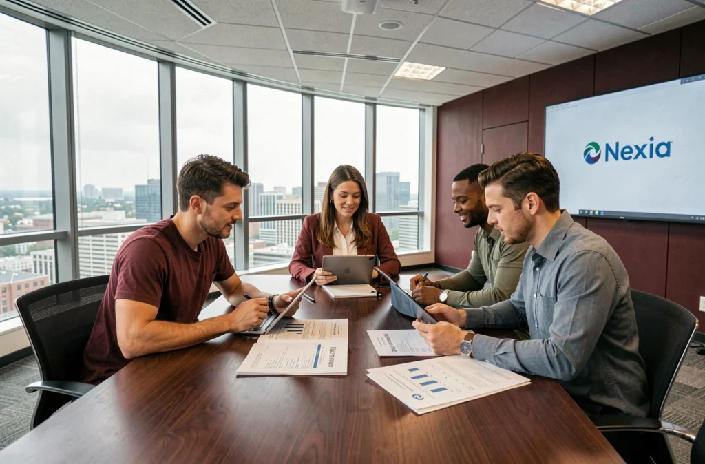 Équipe du Groupe Y Nexia Bordeaux réunie en réunion de travail autour de rapports financiers dans une salle moderne