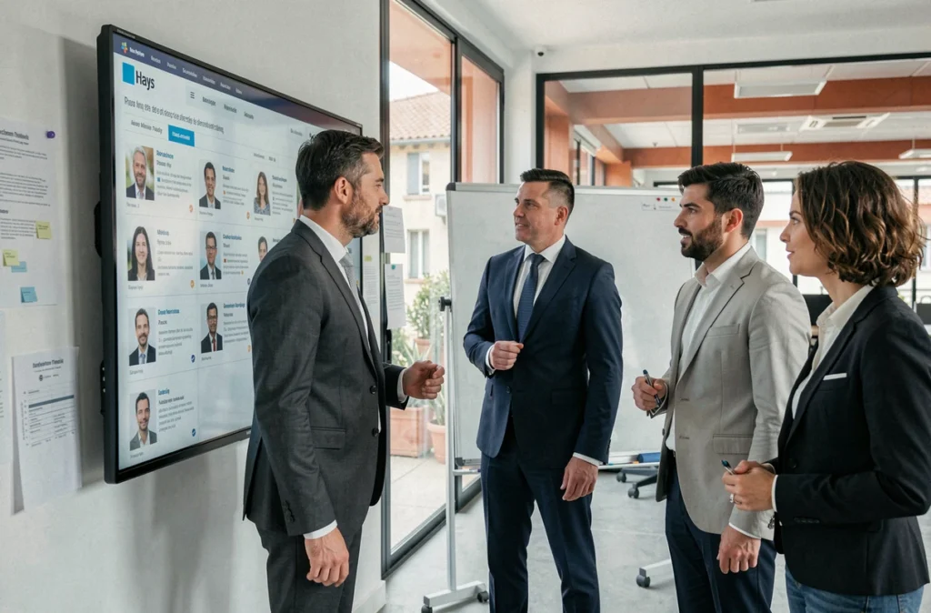 Expert en recrutement Hays présentant des profils cadres à une équipe dans un bureau moderne à Marseille